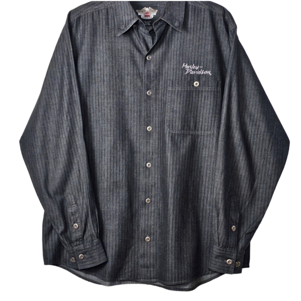 Harley Davidson Longsleeve Pinstripe Button Down Shirt, EUC, size Large